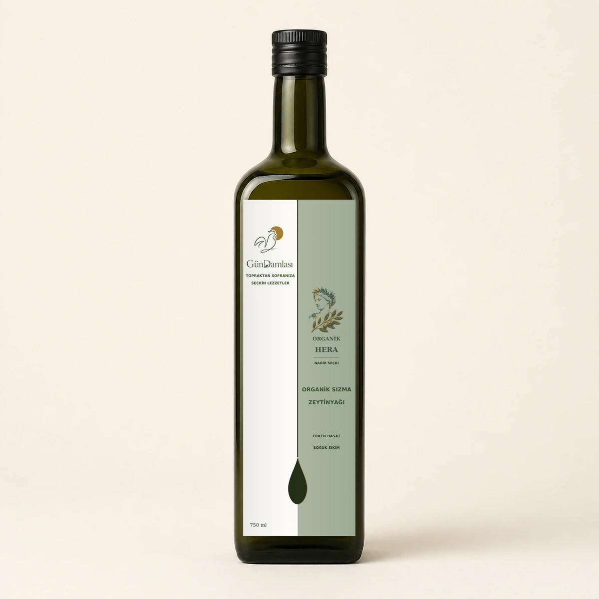 Organik Hera 750 ml · Koyu yeşil cam şişe ambalajı